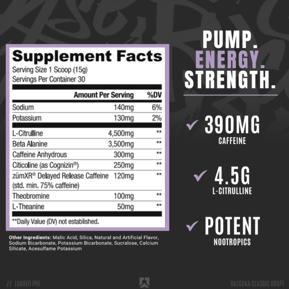 Ryse Loaded Pre | Sabor Bazooka Grape | 30 serv - Imagen 4