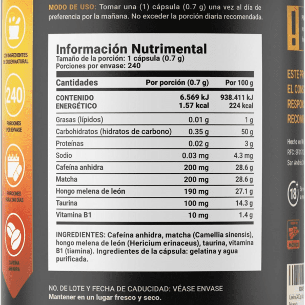 BLife | Caffeine Blend 240 caps | Mezcla a base de Cafeína, Matcha, Hongo Melena de León, Taurina y Vitamina B1 - Imagen 2