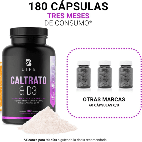 BLife | Caltrato & D3 | Citrato de Calcio y Vitamina D3 | 180 caps - Imagen 4