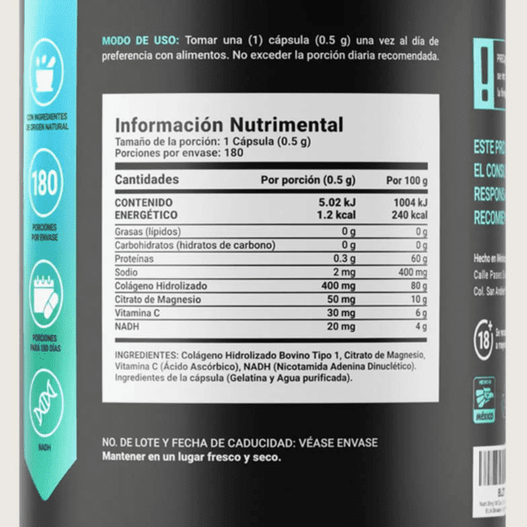 BLife | NADH Blend | NADH, Colágeno Hidrolizado y Vitamina C 180 caps | 500 mg - Imagen 2